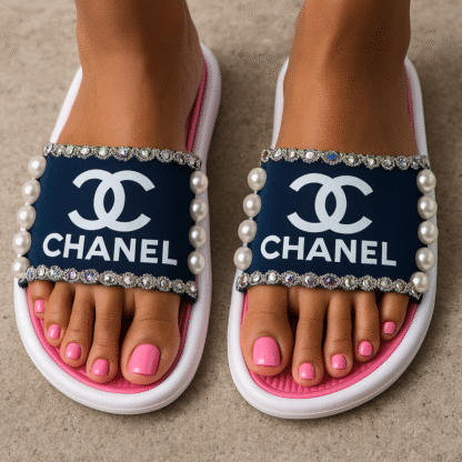Women Inspired Denim Design Chanel Custom Slides