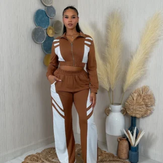 FRENCH TERRY MOCHA & WHITE CONTRAST TOP & PANTS SET